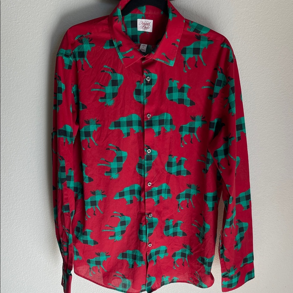 North Pole Trading Company Men’s XL  Moose Bear Christmas Button Up Shirt